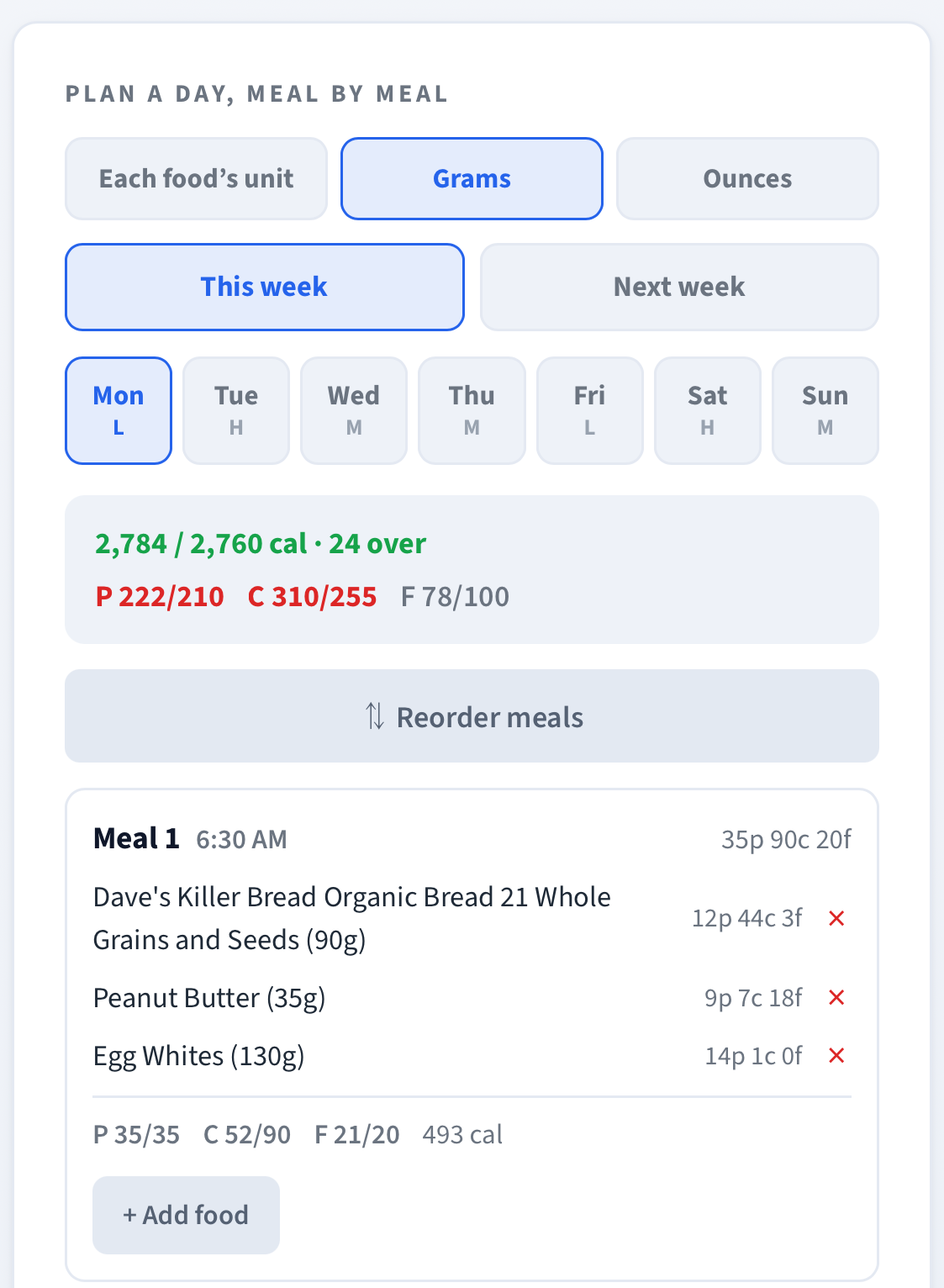 Monday planned meal by meal, with the day's calorie and macro totals above it