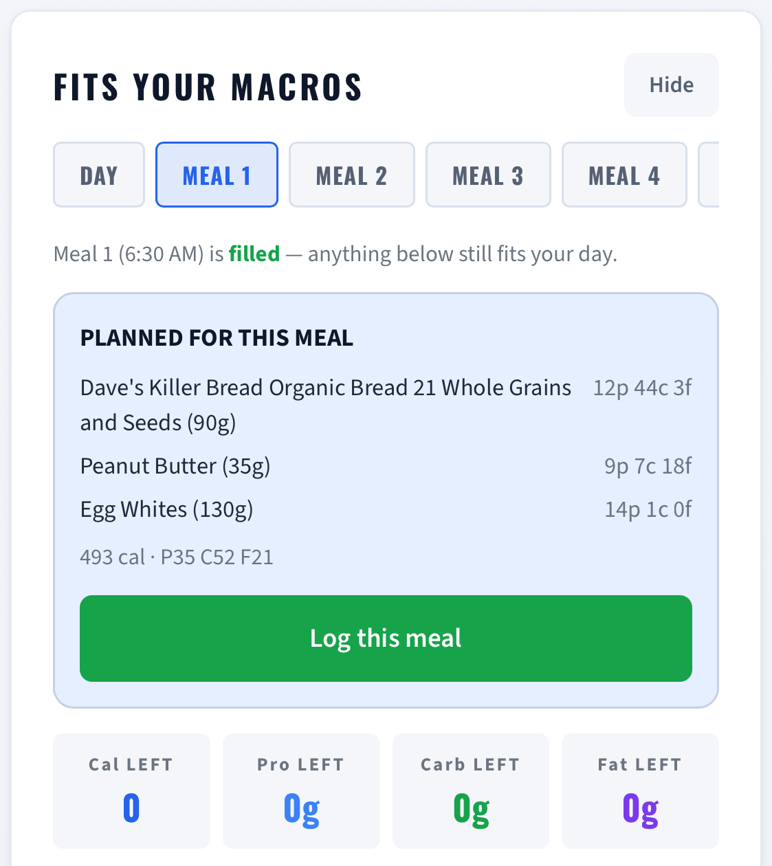 The planned meal waiting on the nutrition screen with a single button to log it